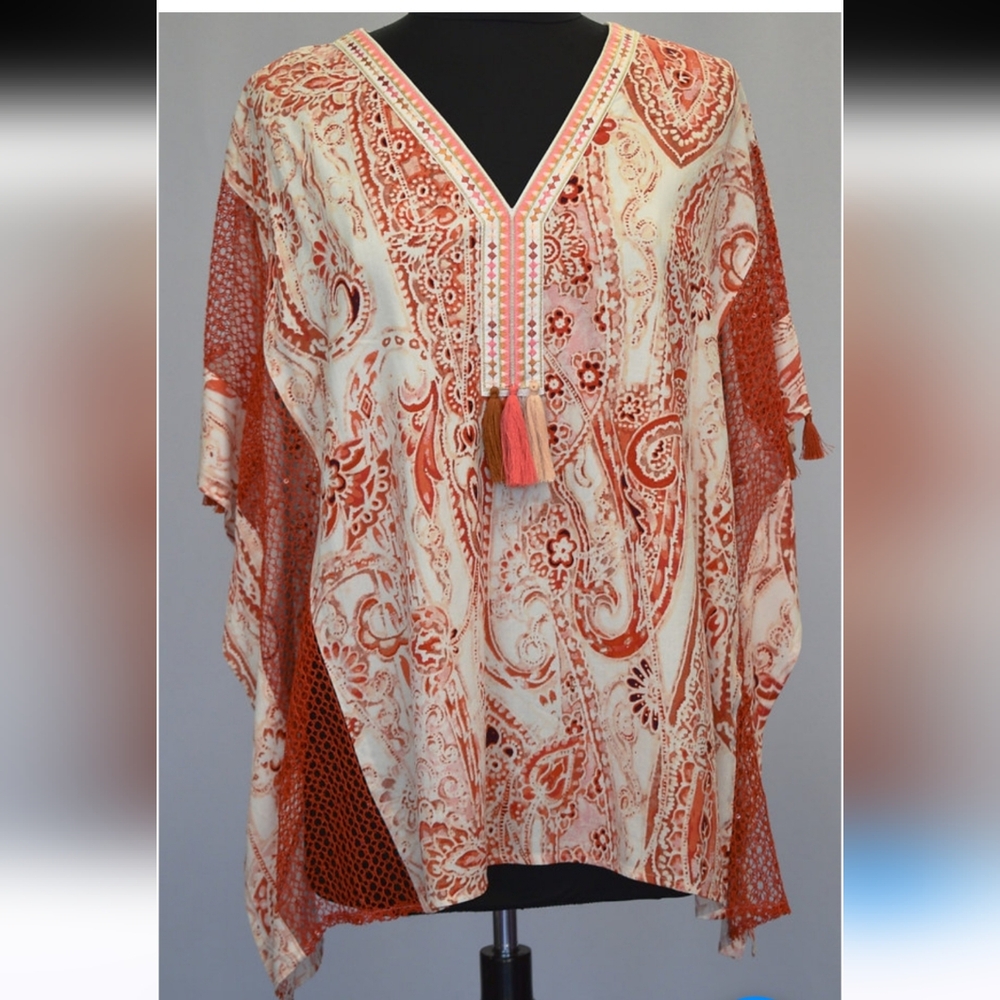 Chico's Boho Multicolor Embroidered Tassel Blouse CoverUP Swim Beach Vacation